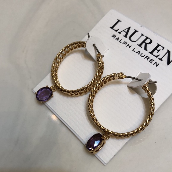 Lauren Ralph Lauren Gold Tone Chain Link Hoop Earrings Purple Crystal Charm NWT - Picture 3 of 12